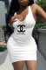White Fashion Sexy Print Letter V Neck One Step Skirt Dresses