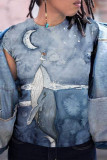 Blue Fashion Casual Print Basic O Neck T-Shirts
