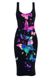 Blue Fashion Casual Butterfly Print Basic U Neck Vest Dress