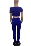 Blue Sexy Solid Bandage Patchwork V Neck Short Sleeve Two Pieces