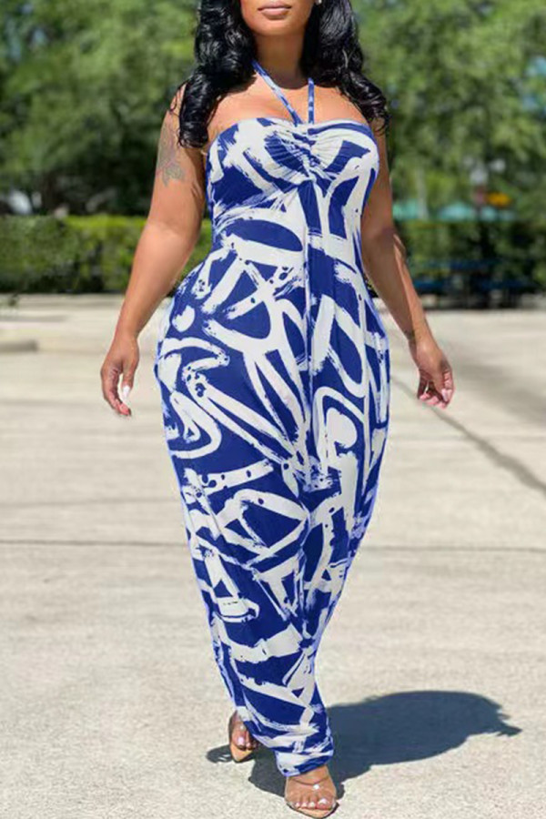 Blue Fashion Sexy Casual Print Backless Strapless Regular Jumpsuits