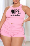 Pink Fashion Print Draw String O Neck Sleeveless Two Pieces