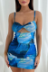 Blue Sexy Print Patchwork Spaghetti Strap Pencil Skirt Dresses