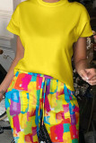 Yellow Casual Print Patchwork O Neck Short Sleeve Two Pieces