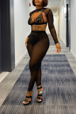 Black Sexy Solid Patchwork O Neck Long Sleeve Two Pieces