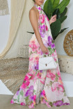 Red Elegant Print Patchwork Backless Halter Straight Jumpsuits