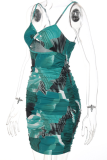 Blue Sexy Print Patchwork Spaghetti Strap Pencil Skirt Dresses