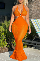 Orange Fashion Sexy Solid Bandage See-through Backless Halter Sleeveless Dress