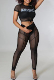 Black Fashion Sexy Letter Print Patchwork See-through O Neck Short Sleeve Two Pieces