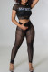 Black Fashion Sexy Letter Print Patchwork See-through O Neck Short Sleeve Two Pieces