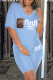 Light Blue Fashion Casual Letter Print Pocket V Neck Short Sleeve Two Pieces