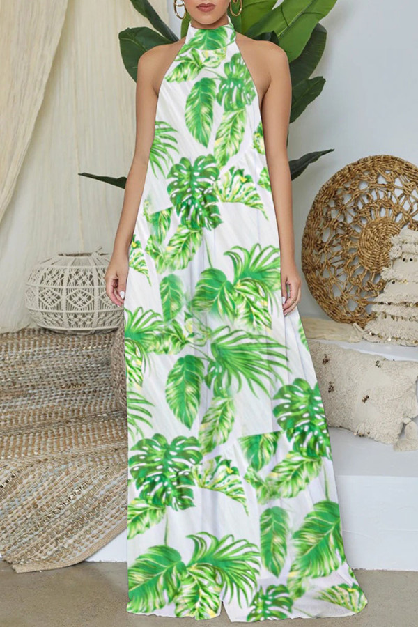 Green Elegant Print Patchwork Backless Halter Straight Jumpsuits