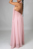 Pink Elegant Solid Patchwork Backless Halter Straight Jumpsuits
