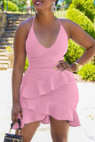 Pink Fashion Sexy Solid Patchwork Backless Spaghetti Strap Sleeveless Dress