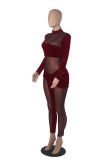Purple Sexy Solid Patchwork Mesh Half A Turtleneck Skinny Jumpsuits