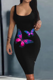 Blue Fashion Casual Butterfly Print Basic U Neck Vest Dress