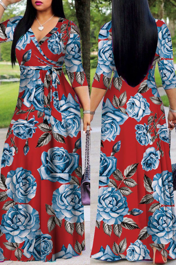Red Casual Print Bandage Patchwork V Neck Straight Dresses