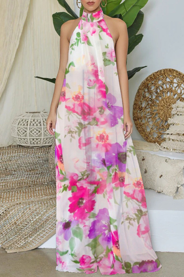 Red Elegant Print Patchwork Backless Halter Straight Jumpsuits