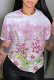 White Pink Fashion Casual Print Basic O Neck T-Shirts