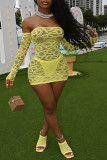 Yellow Sexy Solid Lace Off the Shoulder Pencil Skirt Dresses