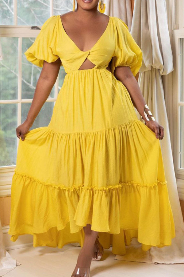 Yellow Sexy Solid Hollowed Out Patchwork Backless V Neck A Line Dresses