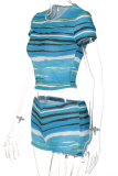 Blue Fashion Print Patchwork O Neck Sleeveless Two Pieces
