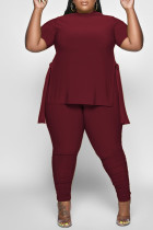 Burgundy Casual Solid Bandage Patchwork Slit O Neck Plus Size Two Pieces