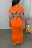 Yellow Sexy Solid Bandage Hollowed Out Patchwork Backless O Neck Short Sleeve Two Pieces