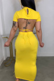 Yellow Sexy Solid Bandage Hollowed Out Patchwork Backless O Neck Short Sleeve Two Pieces
