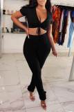 Blue Sexy Solid Bandage Patchwork V Neck Short Sleeve Two Pieces