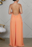 Orange Elegant Solid Patchwork Backless Halter Straight Jumpsuits