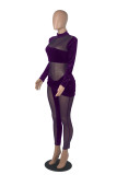 Purple Sexy Solid Patchwork Mesh Half A Turtleneck Skinny Jumpsuits