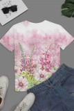 White Pink Fashion Casual Print Basic O Neck T-Shirts