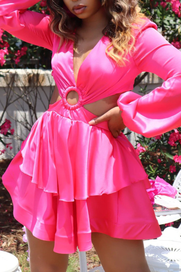 Rose Red Sexy Elegant Solid Bandage Patchwork Backless Asymmetrical V Neck A Line Dresses