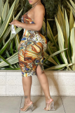 Multicolor Sexy Print Patchwork Spaghetti Strap Pencil Skirt Dresses