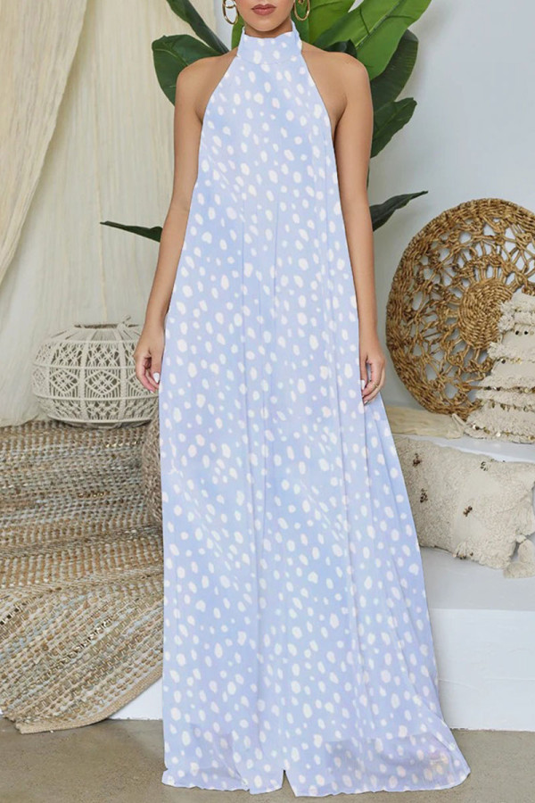 Blue Elegant Print Patchwork Backless Halter Straight Jumpsuits