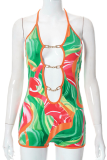 Green Sexy Print Hollowed Out Halter Skinny Rompers
