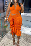 Tangerine Sexy Solid Bandage Patchwork Backless Fold Halter Sleeveless Two Pieces