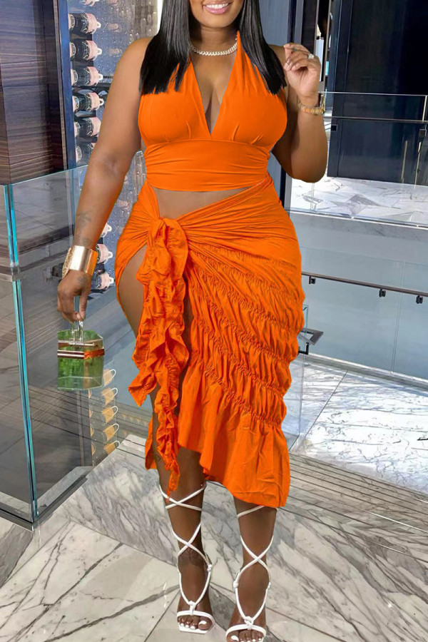 Tangerine Sexy Solid Bandage Patchwork Backless Fold Halter Sleeveless Two Pieces