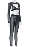 Black Sexy Solid Patchwork O Neck Long Sleeve Two Pieces
