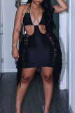 Pink Sexy Solid Tassel Hollowed Out Patchwork Backless Halter Pencil Skirt Dresses