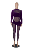 Purple Sexy Solid Patchwork Mesh Half A Turtleneck Skinny Jumpsuits