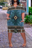 Colour Casual Print Patchwork V Neck Straight Dresses