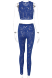 Blue Sexy Solid Hollowed Out O Neck Sleeveless Two Pieces
