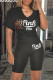 Black Fashion Casual Letter Print Pocket V Neck Short Sleeve Two Pieces