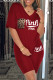 Burgundy Fashion Casual Letter Print Pocket V Neck Short Sleeve Two Pieces
