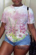 White Pink Fashion Casual Print Basic O Neck T-Shirts