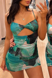 Blue Sexy Print Patchwork Spaghetti Strap Pencil Skirt Dresses