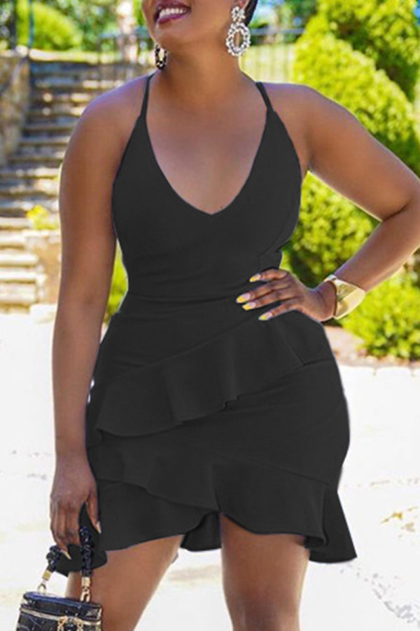 Black Fashion Sexy Solid Patchwork Backless Spaghetti Strap Sleeveless Dress