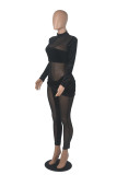 Purple Sexy Solid Patchwork Mesh Half A Turtleneck Skinny Jumpsuits